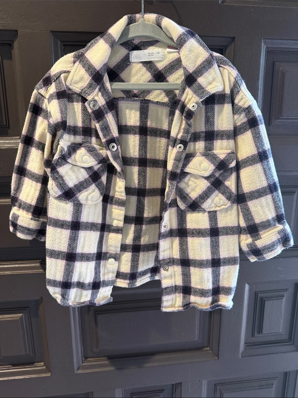 Zara Cream and Black Plaid Button-Down Kids Shacket